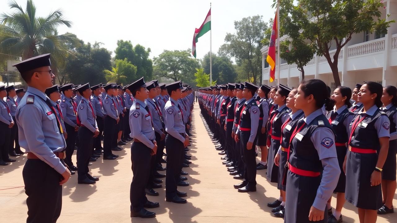 Students standing in a disciplined assembly line